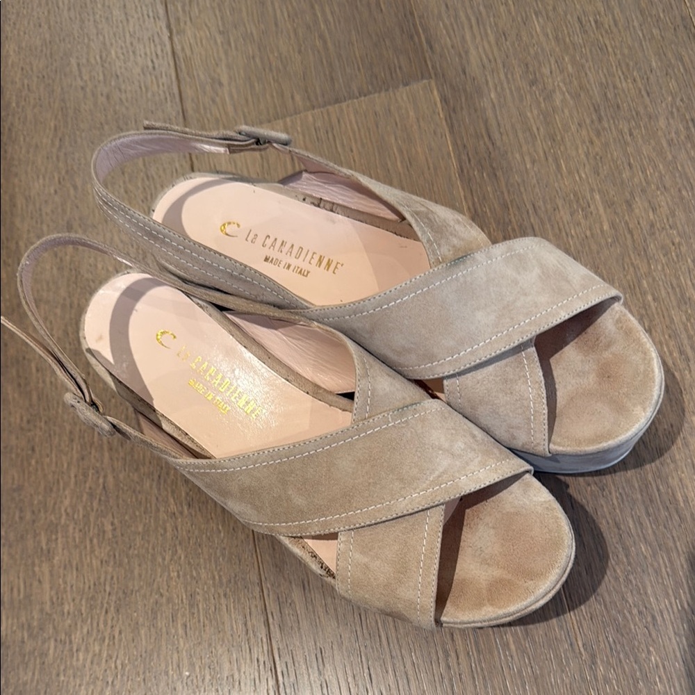 La CANADIENNE Taupe Suede Crisscross Slingback Sandals